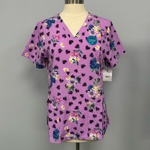 NWT Cherokee Scrub Top S Purple Spring Flowers & Hearts Scrubs Medical Uniform